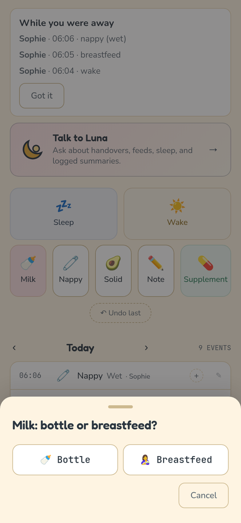 Real Luna screenshot: the "Milk: bottle or breastfeed?" choice, with Bottle and Breastfeed buttons
