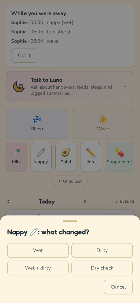 Real Luna screenshot: the "Nappy: what changed?" sheet with Wet, Dirty, Wet + dirty and Dry check buttons